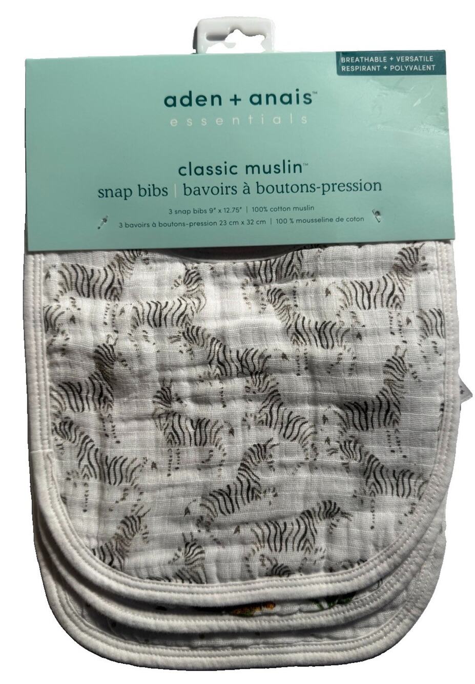 Aden + Anais Essentials Baby Muslin Snap Bibs 3 Pack Zebra Safari Cotton NWT